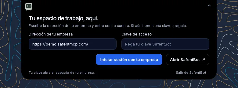 El notch de SafentBot en Linux (Xfce), abierto en la pantalla de conexión con la empresa
