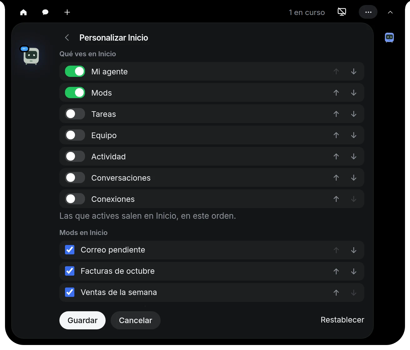 Personalizar Inicio: interruptores para Mi agente, Mods, Tareas, Equipo, Actividad, Conversaciones y Conexiones, y los mods que salen en Inicio
