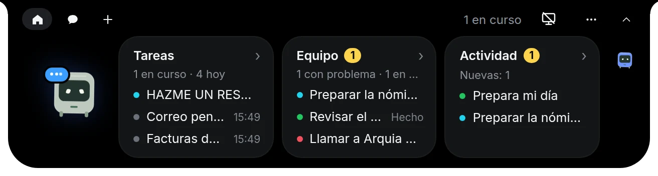 Inicio con tres tarjetas: Tareas, Equipo y Actividad