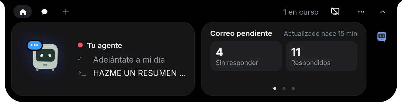 El notch de SafentBot abierto: a la izquierda tu agente con sus tareas, a la derecha el mod «Correo pendiente», actualizado hace 15 minutos, con 4 sin responder y 11 respondidos