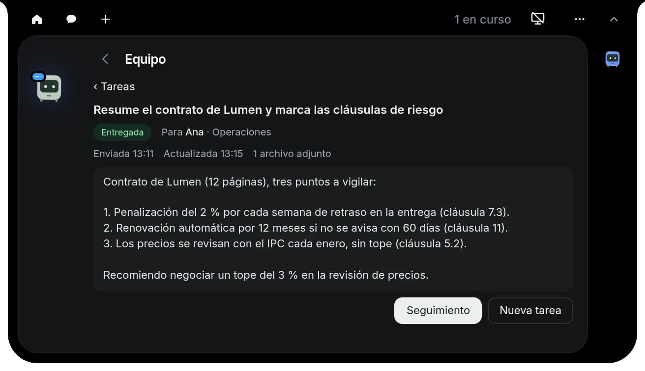 Detalle de una tarea entregada: el resumen del contrato de Lumen, con los botones Seguimiento y Nueva tarea