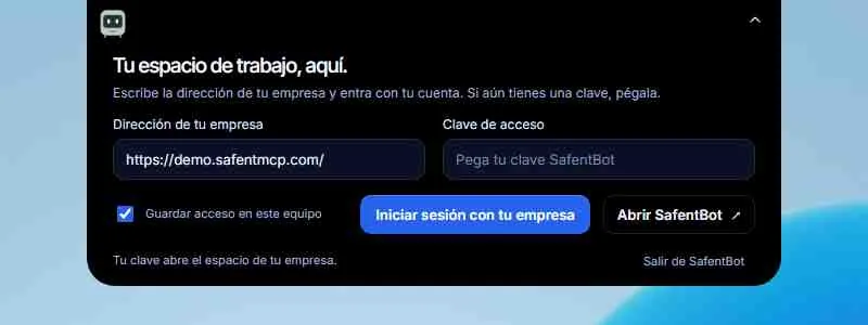 El notch de SafentBot en Windows 11, abierto en la pantalla de conexión con la empresa